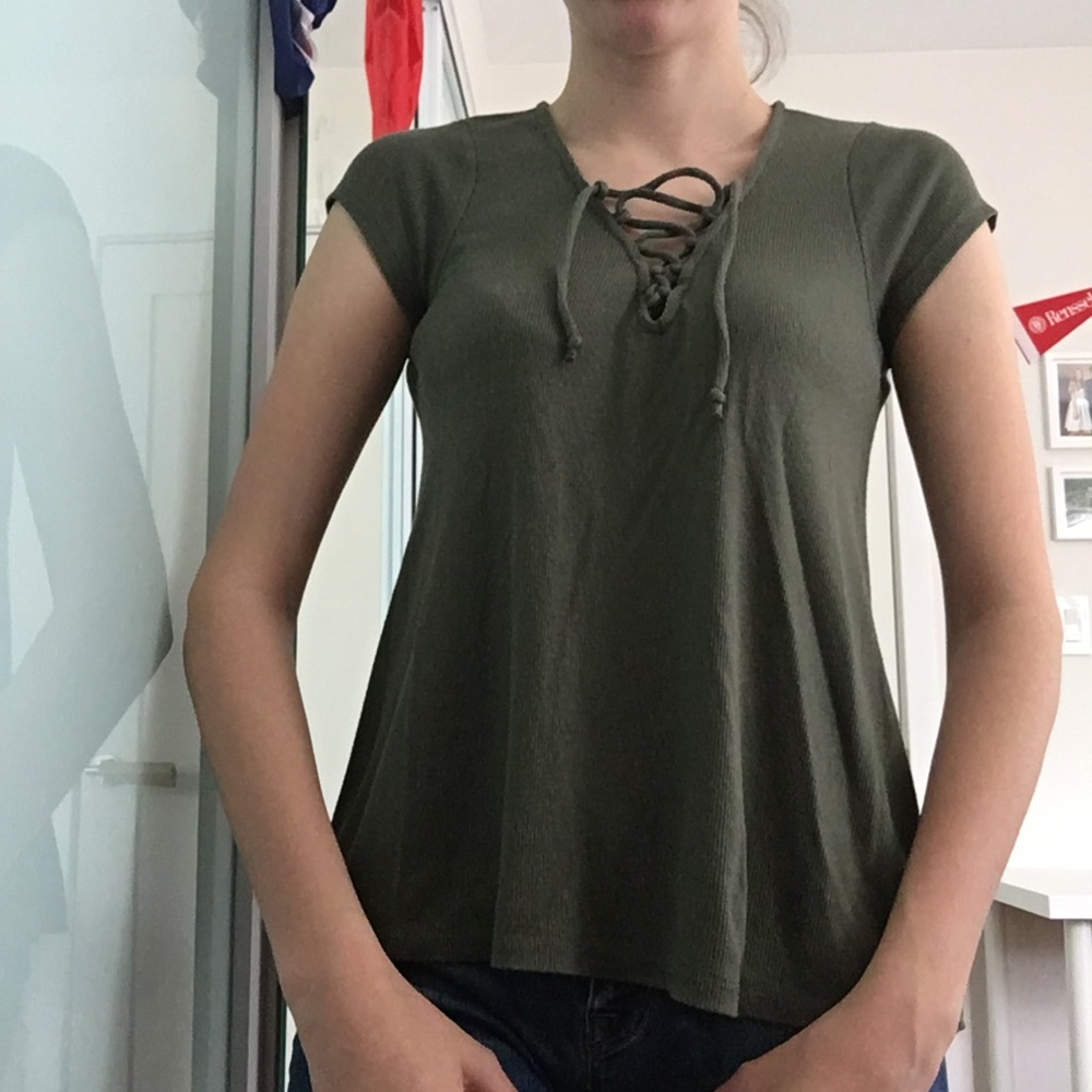 Hollister Green Lace Up Neckline Short Sleeve Top